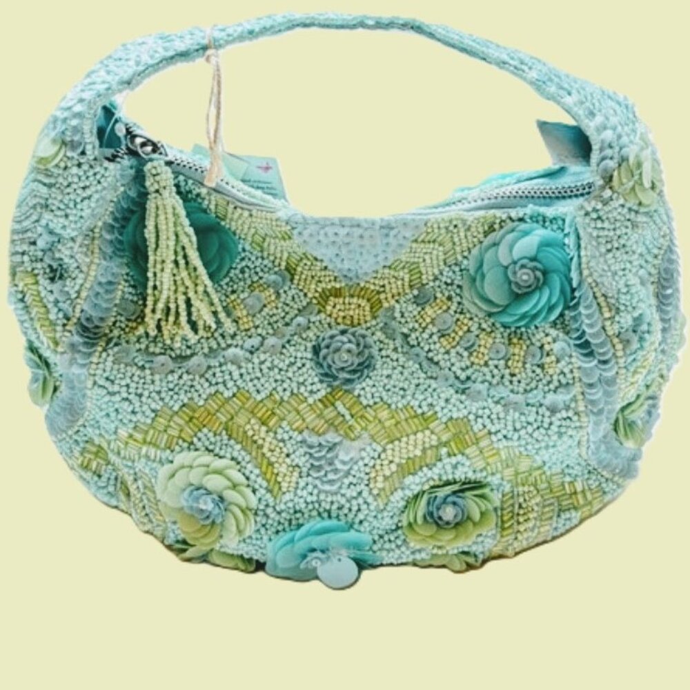 Viral Pastel Blue & Green Beaded Bag Handcrafted In India NEW with tags